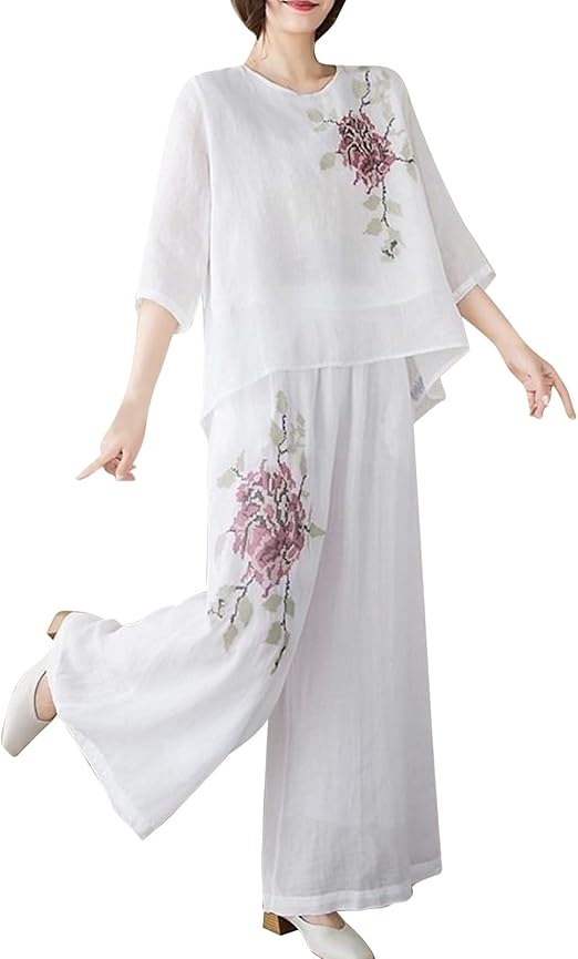 Women’s Floral Linen Two-Piece Lounge & Travel Set – Plus Size Palazzo Pants & Short Sleeve Top