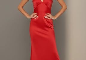 Scarlet Allure Satin Evening Dress — V-Neck Floor-Length Formal Gown for Women