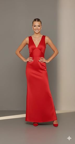 Scarlet Allure Satin Evening Dress — V-Neck Floor-Length Formal Gown for Women