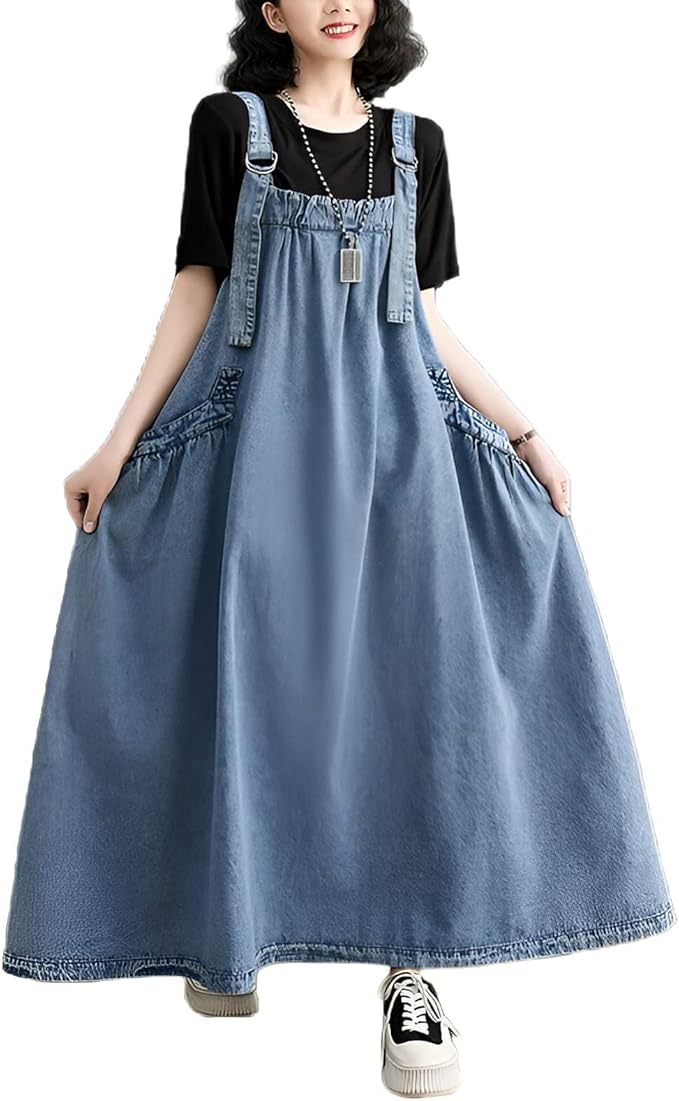 Women's Baggy Denim Overall Dress – Maxi Length with Adjustable Straps