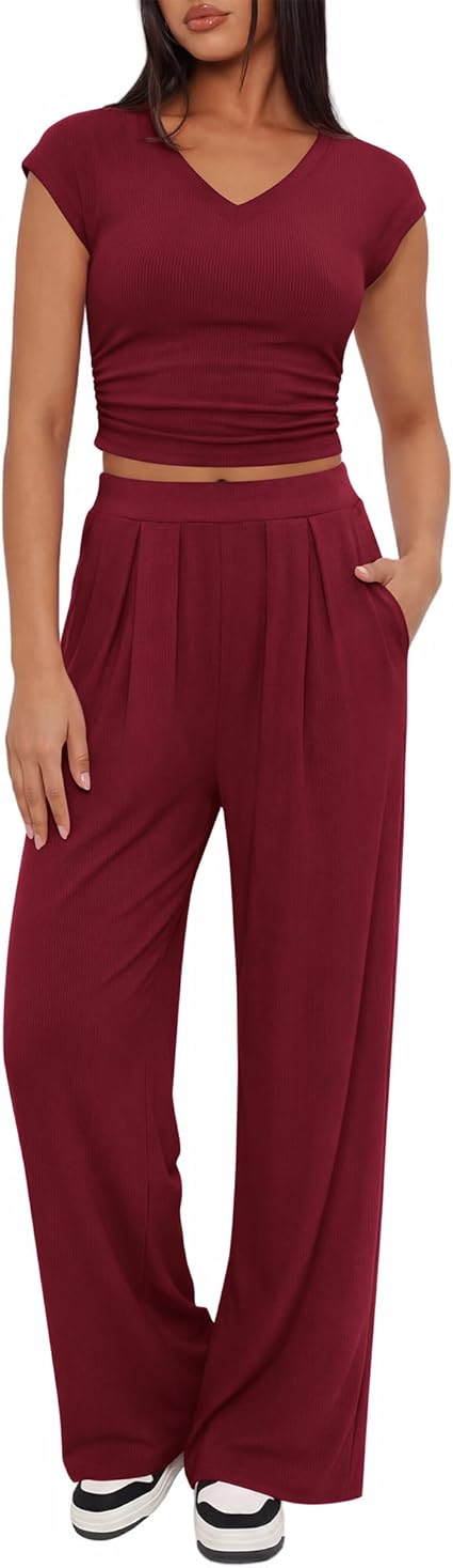 BTFBM Women's Summer Rib Knit 2-Piece Lounge Set – Ruched V-Neck Top & Wide-Leg Pants