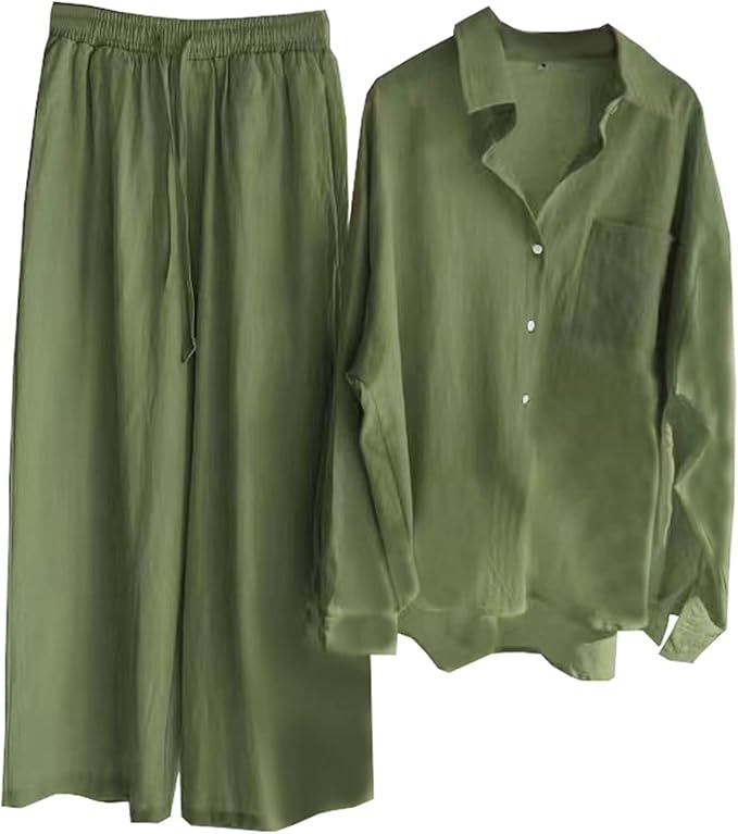 Elegant Beige Two-Piece Set for Women – Button-Up Shirt & Wide-Leg Pants
