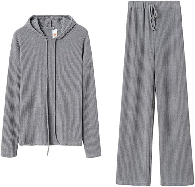 Women's 2-Piece Autumn Lounge Set – Hooded Top & Pants, Solid Color Sportswear (Grey, S)