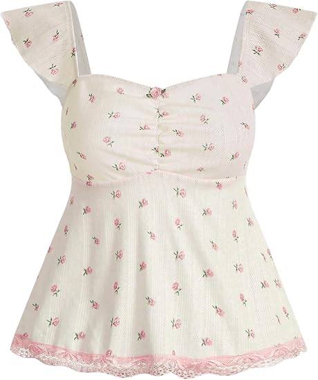 GORGLITTER Women’s Floral Lace Peplum Top – Sweetheart Neck & Ruched Cap Sleeve