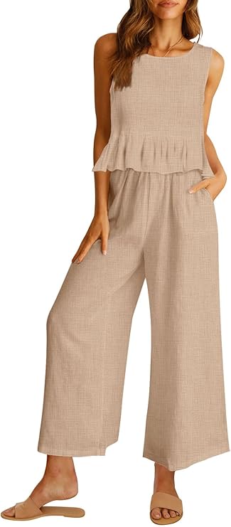 AUTOMET Women’s Summer Linen 2-Piece Lounge Set – Crop Tank Top & Wide-Leg Pants with Pockets