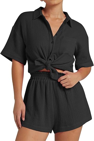 Women's Casual 2-Piece Linen Lounge Set – Button-Up Top & Drawstring Shorts
