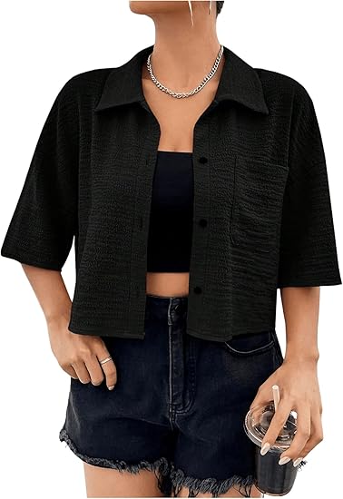 GORGLITTER Women's Casual Collared Crop Blouse with Pocket Detail