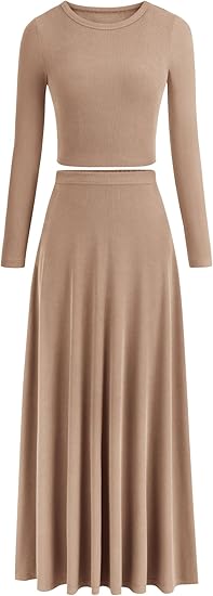 PRETTYGARDEN Women's Ribbed Knit Two-Piece Spring Set – Crop Top & Maxi Skirt