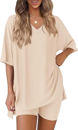 PRETTYGARDEN Summer Vibes 2-Piece Lounge Set for Women – Oversized V-Neck Top & Biker Shorts