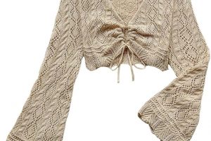 GORGLITTER Women's Boho Crochet Tie-Front Sweater – V-Neck Long Sleeve Crop Top