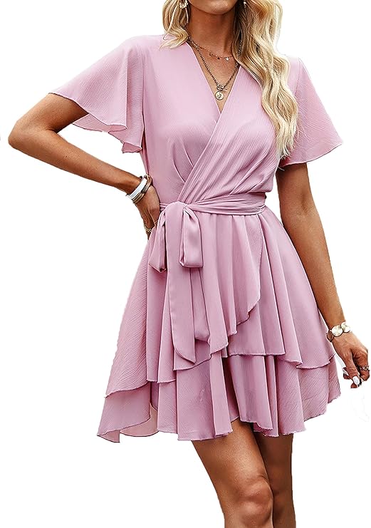 Lunaria V-Neck Ruffle Mini Dress – Tie Waist Pleated Summer Dress for Women