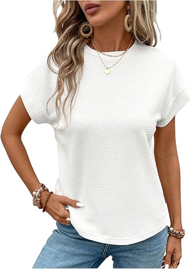 GORGLITTER Women's Summer Waffle Knit Crewneck Tee – Casual Short Sleeve Top
