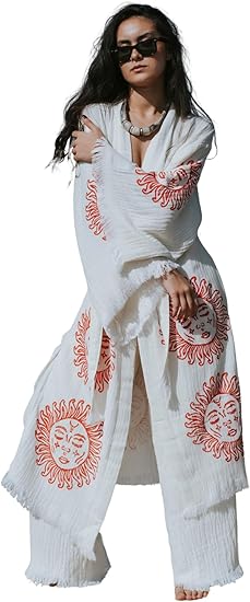 Zerla Hattusa Boho Kimono Robe – Lightweight Bamboo & Cotton Blend, Handmade in Turkey with Red Sun Design
