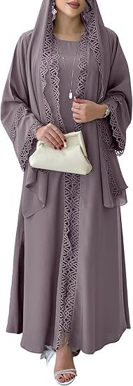 Elegant Lace-Trim Abaya Set with Sleeveless Inner Dress & Chiffon Hijab – Lightweight & Breathable Spring/Summer Wear