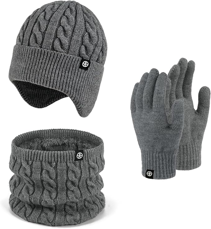 Unisex Winter Knit Beanie, Scarf & Touchscreen Gloves Set with Fleece Lining